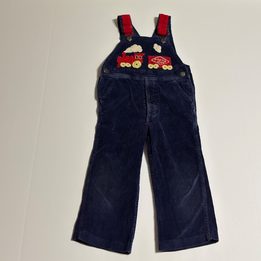 Vintage Popsicle Navy Blue Corduroy Train Embroidered Overalls Boys Red Trim